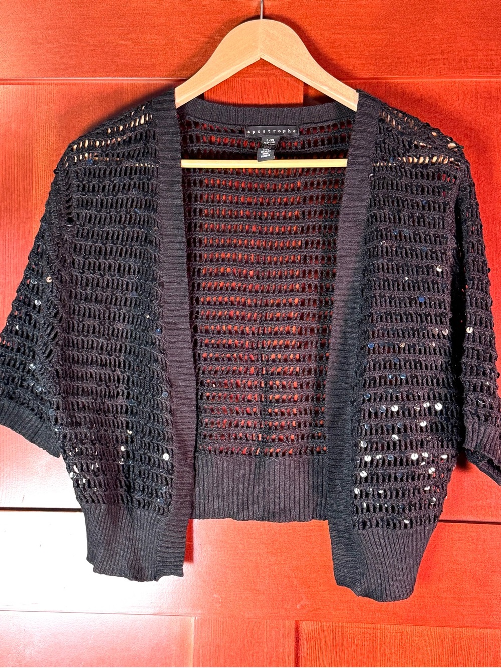 Apostrophe L Black Sequin Open Knit Cropped Cardigan Shrug L (12/14)